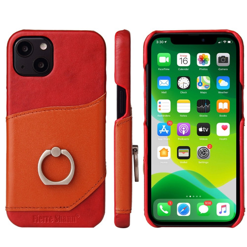 iPhone 13 Fierre Shann Oil Wax Texture Genuine Leather Back Cover Case with 360 Degree Rotation Holder & Card Slot - Red